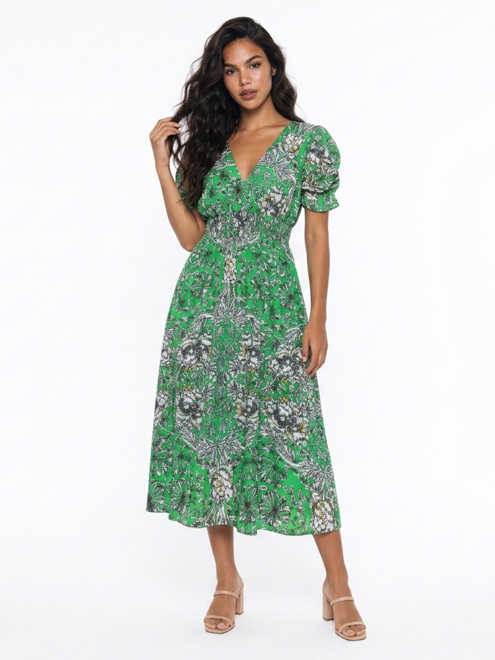 Le Ragazze Floral V-Neck Silk Blend Midi Dress (READ DESCRIPTION)